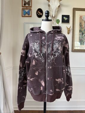 Y2K Daisy Street Bleach Tie Dye Oversize Full Zip Hoodie Purple Wings S